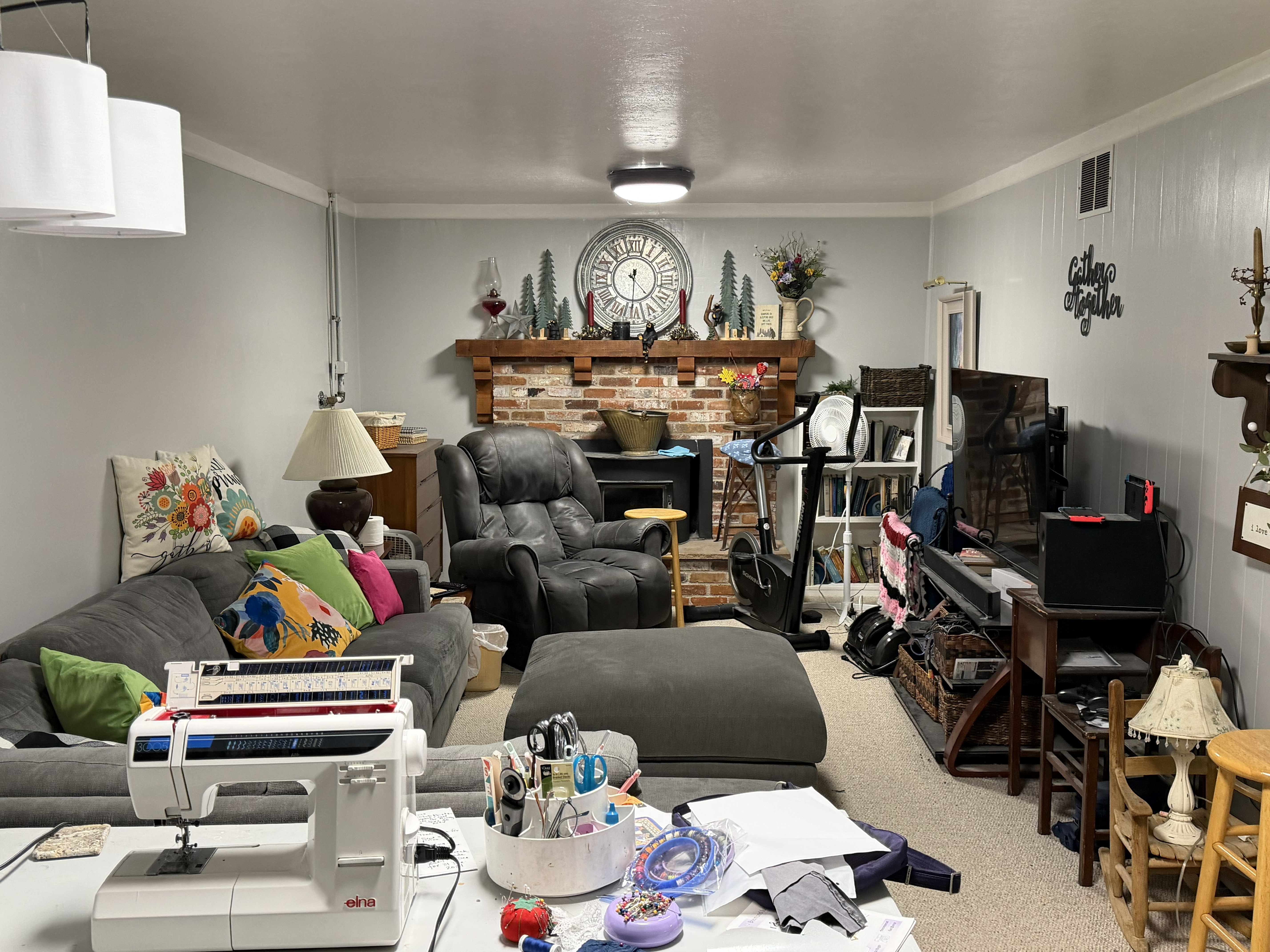 Basement living room with fireplace